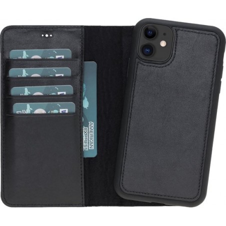 Hoesje iPhone 11 6.1'' Oblac® - Full-grain leer - Magnetisch 2IN1- RFID -  5 kaartvakken - Rustiek Zwart