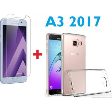 Galaxy A3 (2017) tempered glass / Screenprotector + Ultra Dunne Transparant TPU crystal clear hoesje